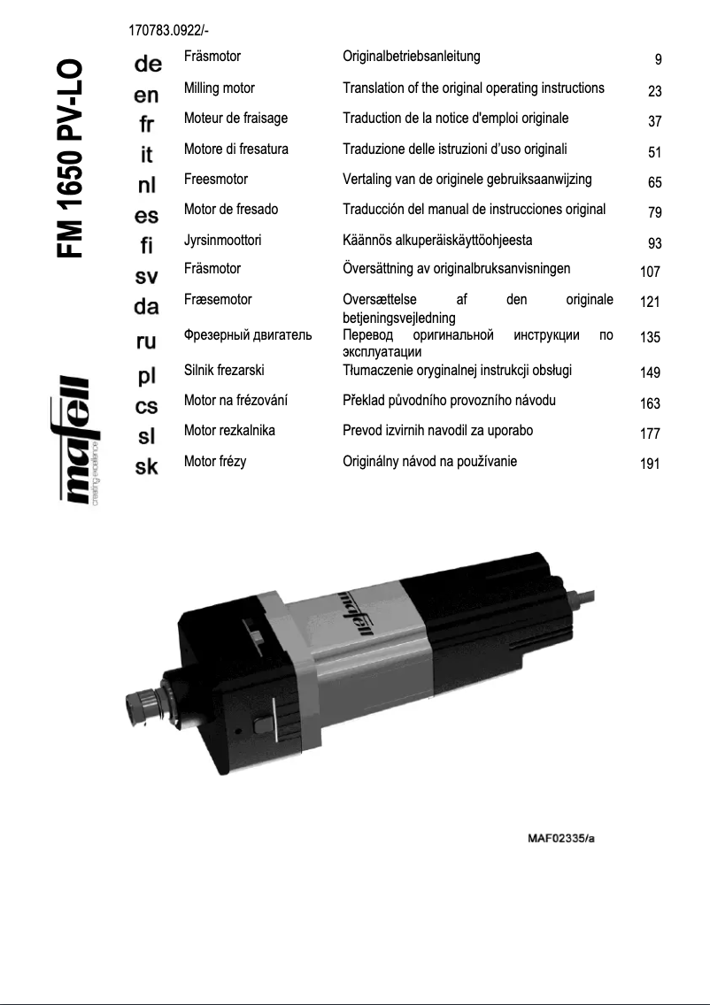 Page 1 de la notice Manuel utilisateur Mafell FM 1650 PV-LO