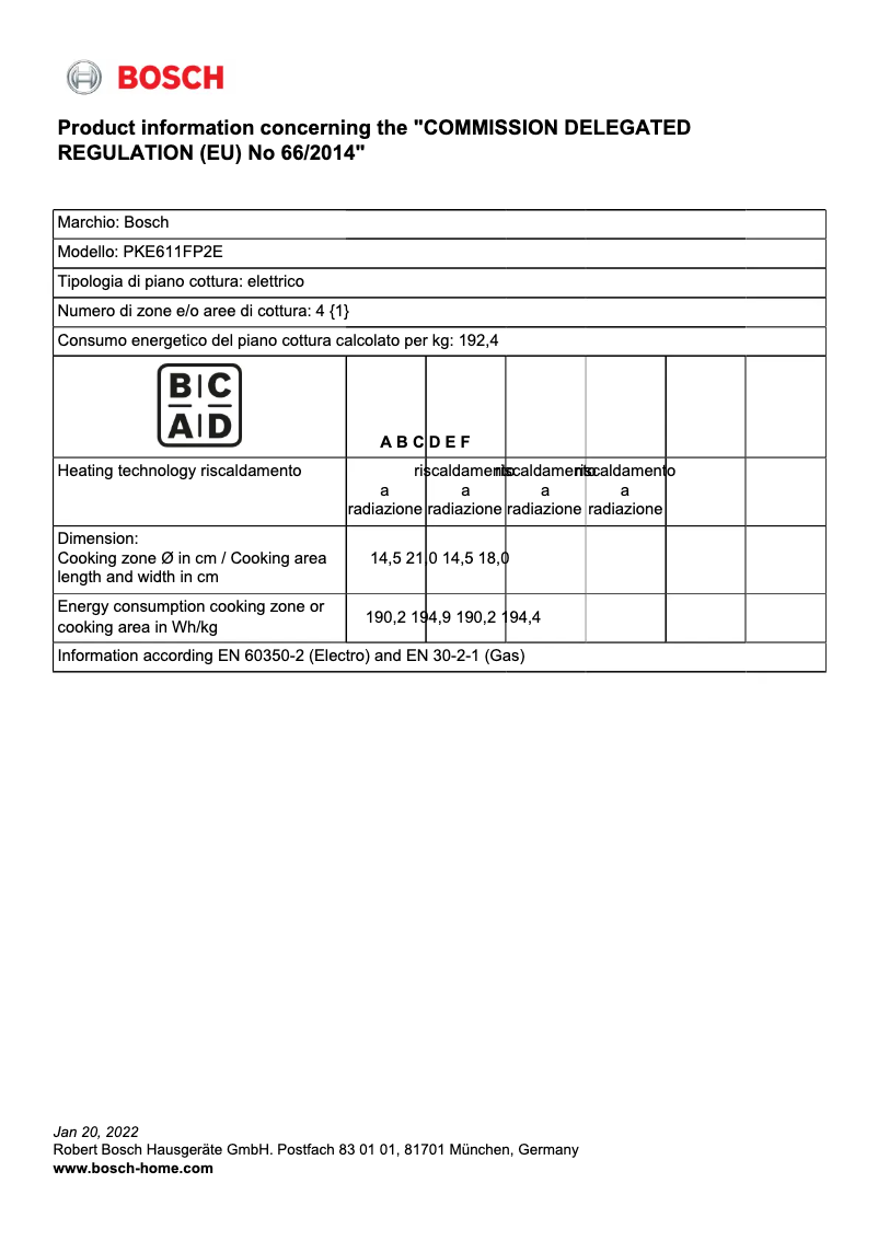 Page 1 de la notice Fiche technique Bosch PKE611FP2E