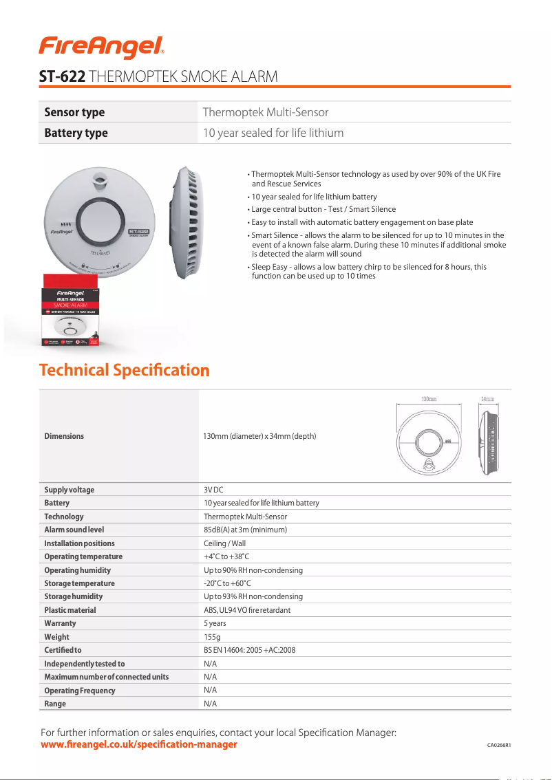 Página 1 del manual Ficha técnica FireAngel ST-622T