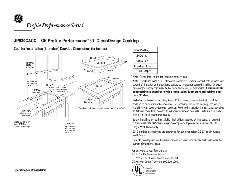 Page n°1 - Fiche technique GE Profile Performance JP930CACC