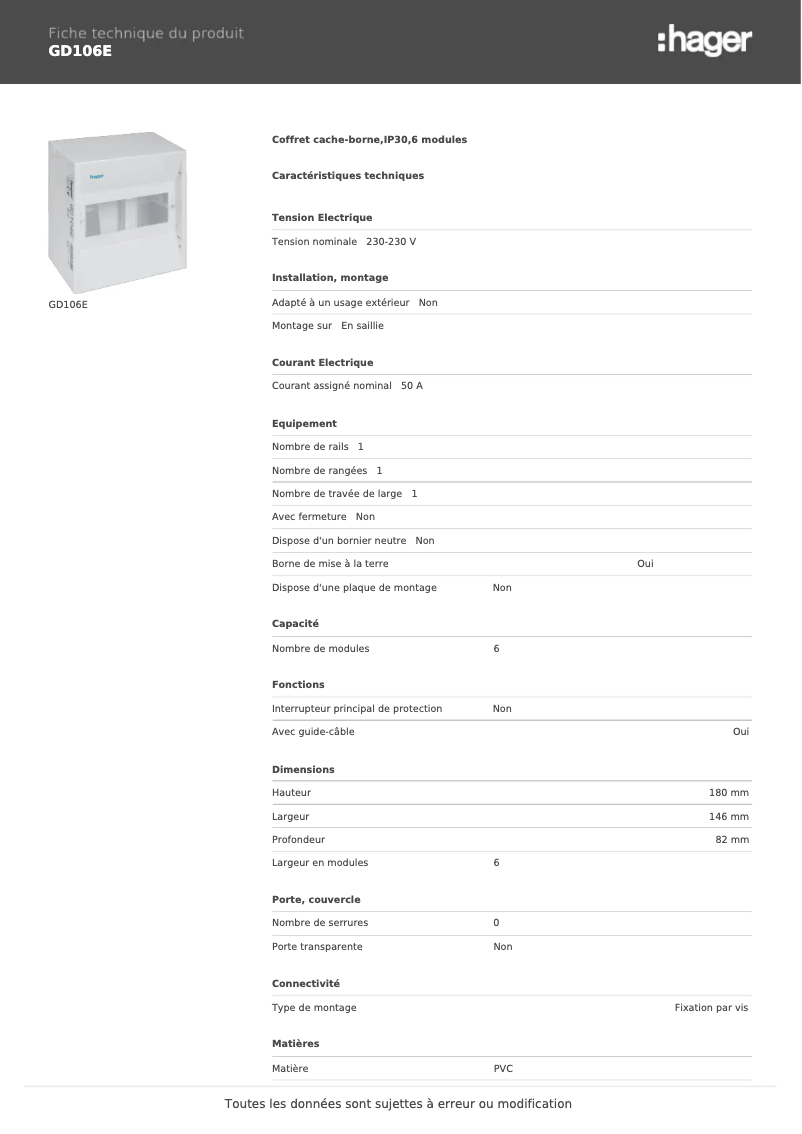 Page 1 de la notice Fiche technique Hager GD106E