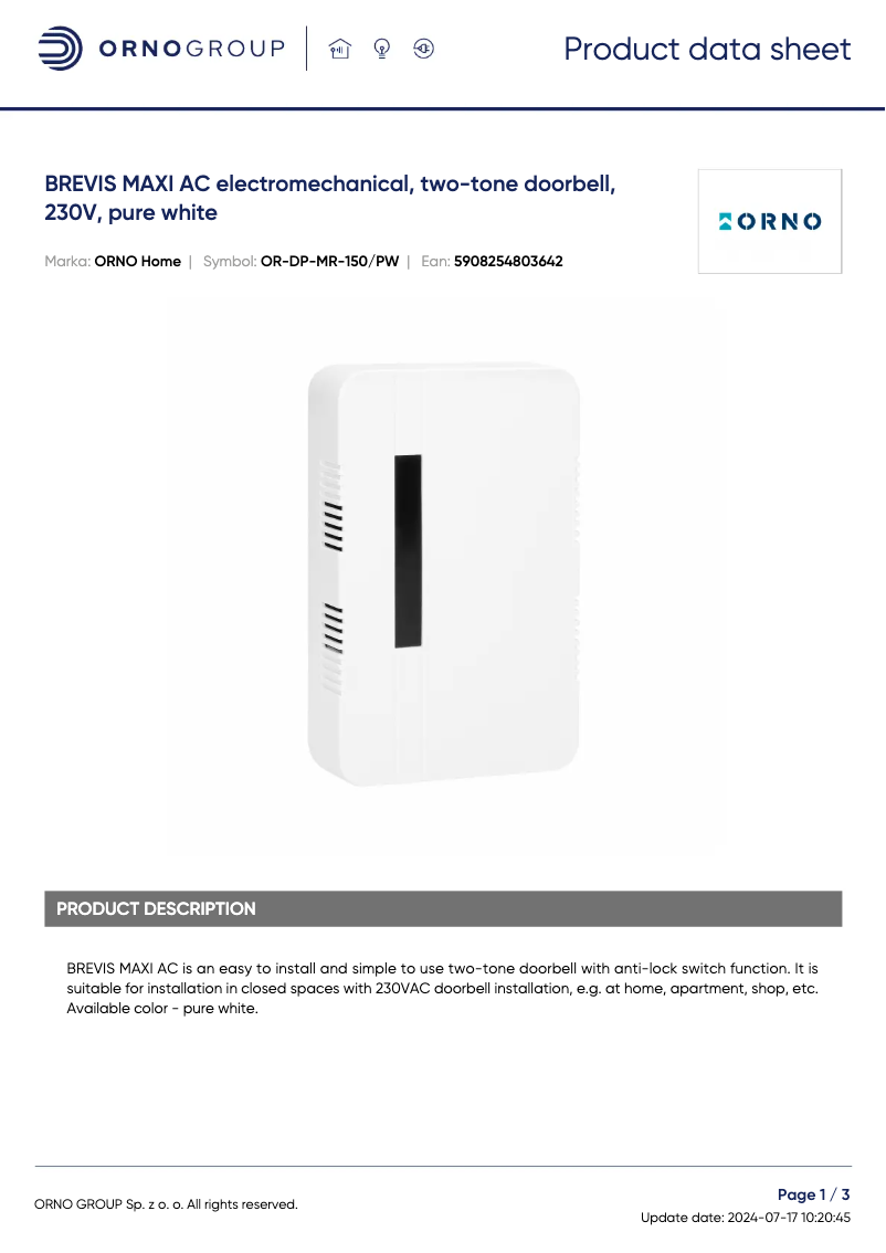 Page 1 de la notice Fiche technique ORNO OR-DP-MR-150