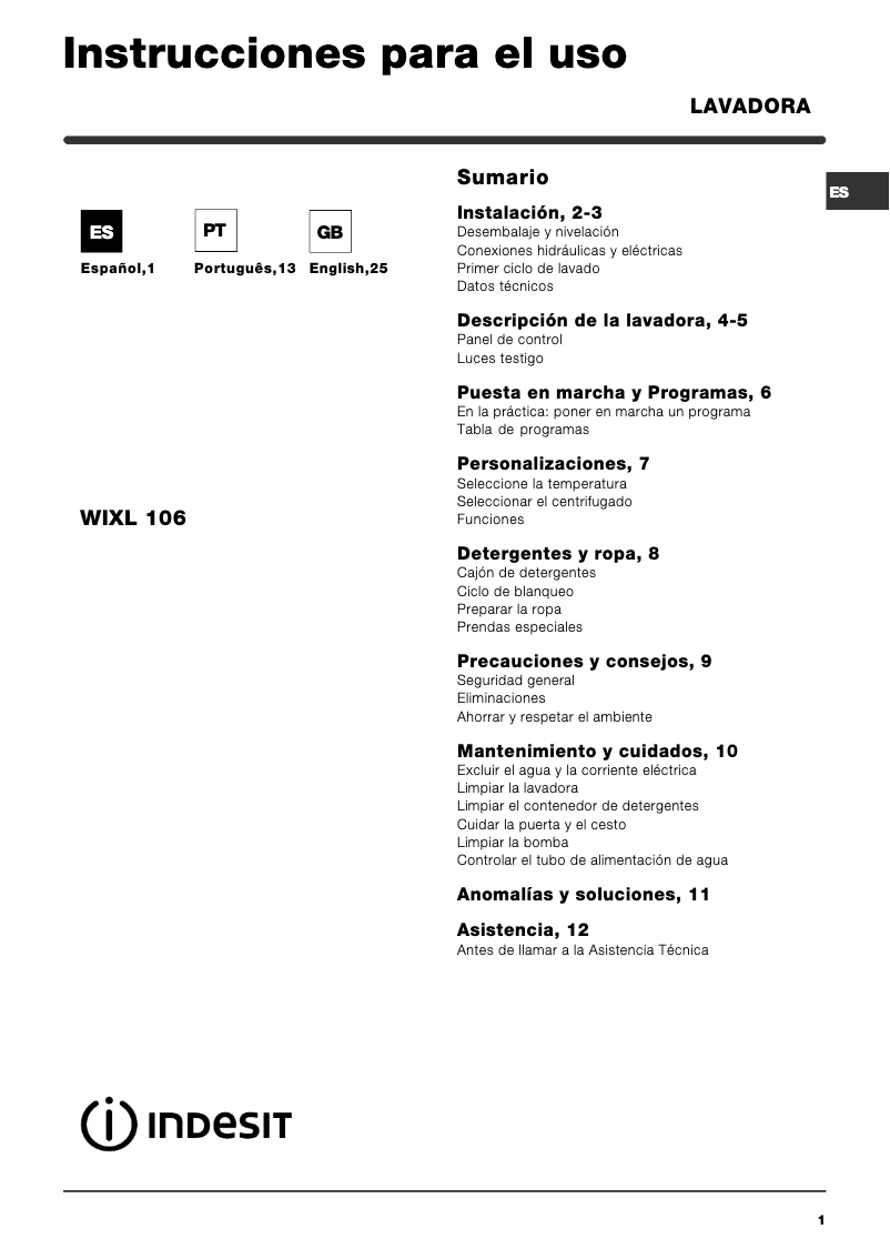 Page n°1 - Manuel utilisateur Indesit WIXL 106 (EU) (TEV)