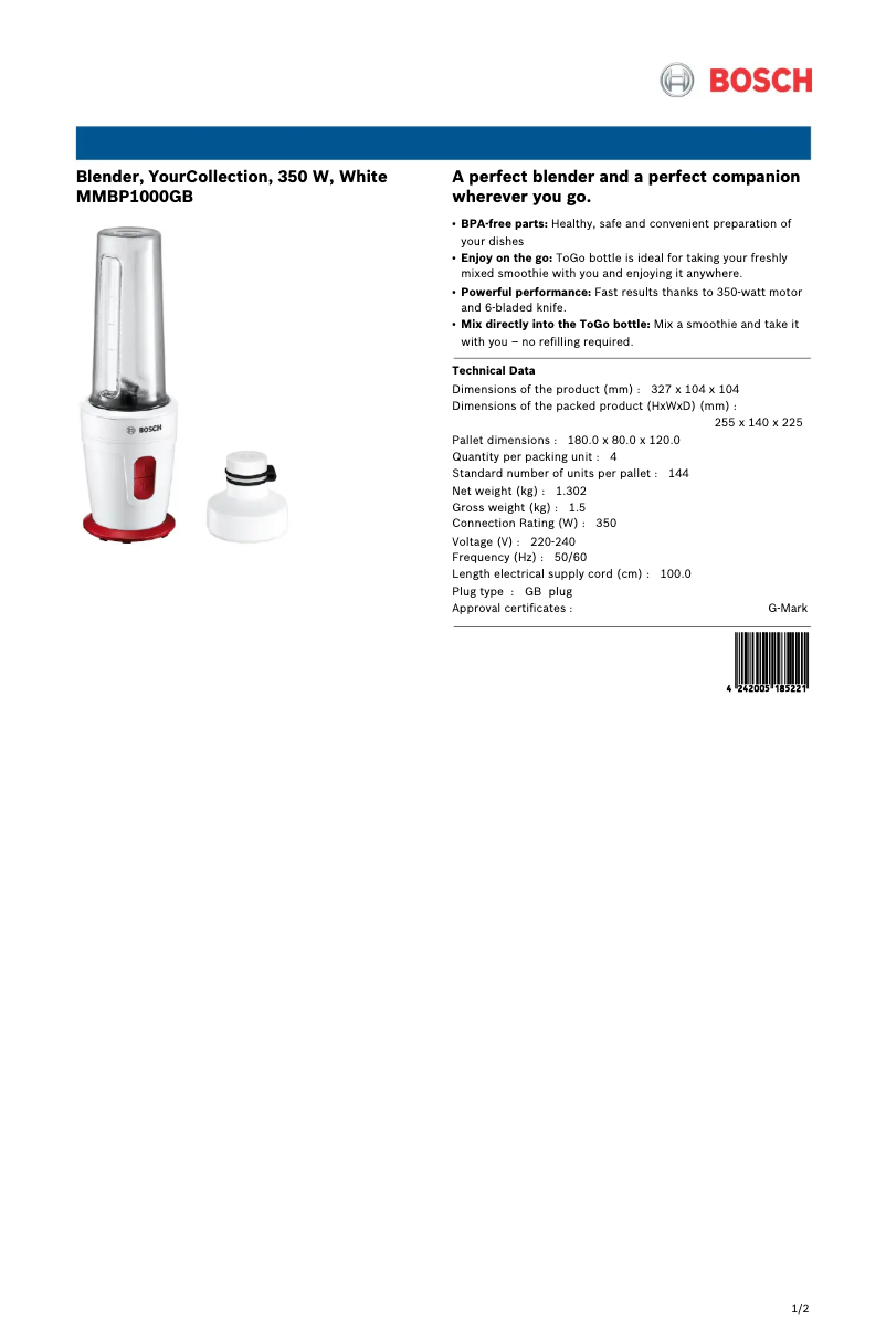 Page 1 de la notice Fiche technique Bosch MMBP1000GB