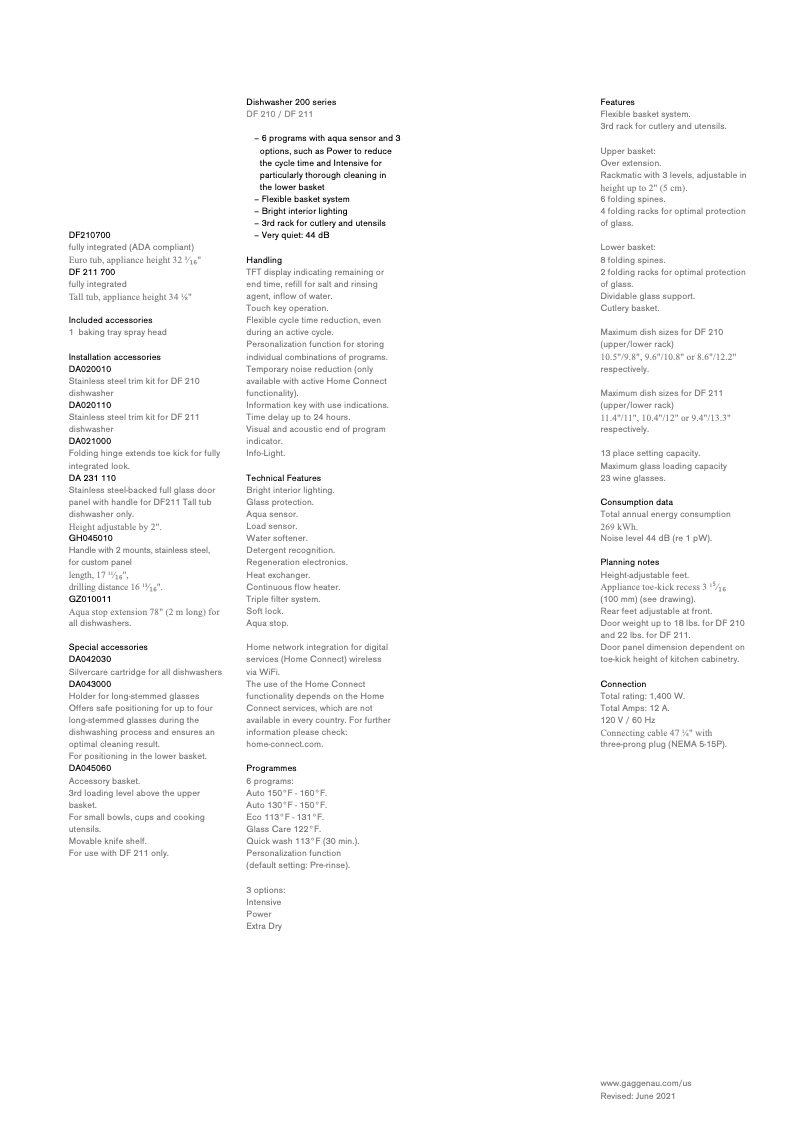 Page 1 of the manual Technical Sheet Gaggenau DF210700