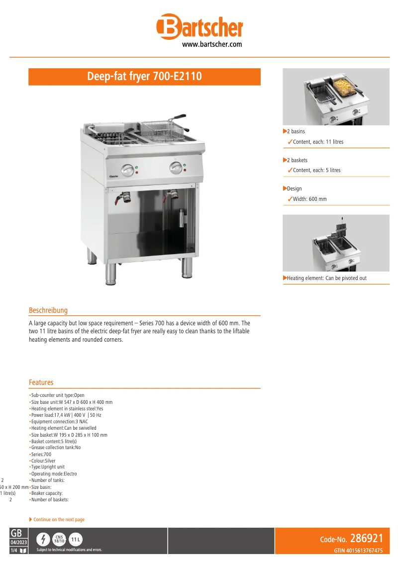 Página 1 del manual Ficha técnica Bartscher 286921