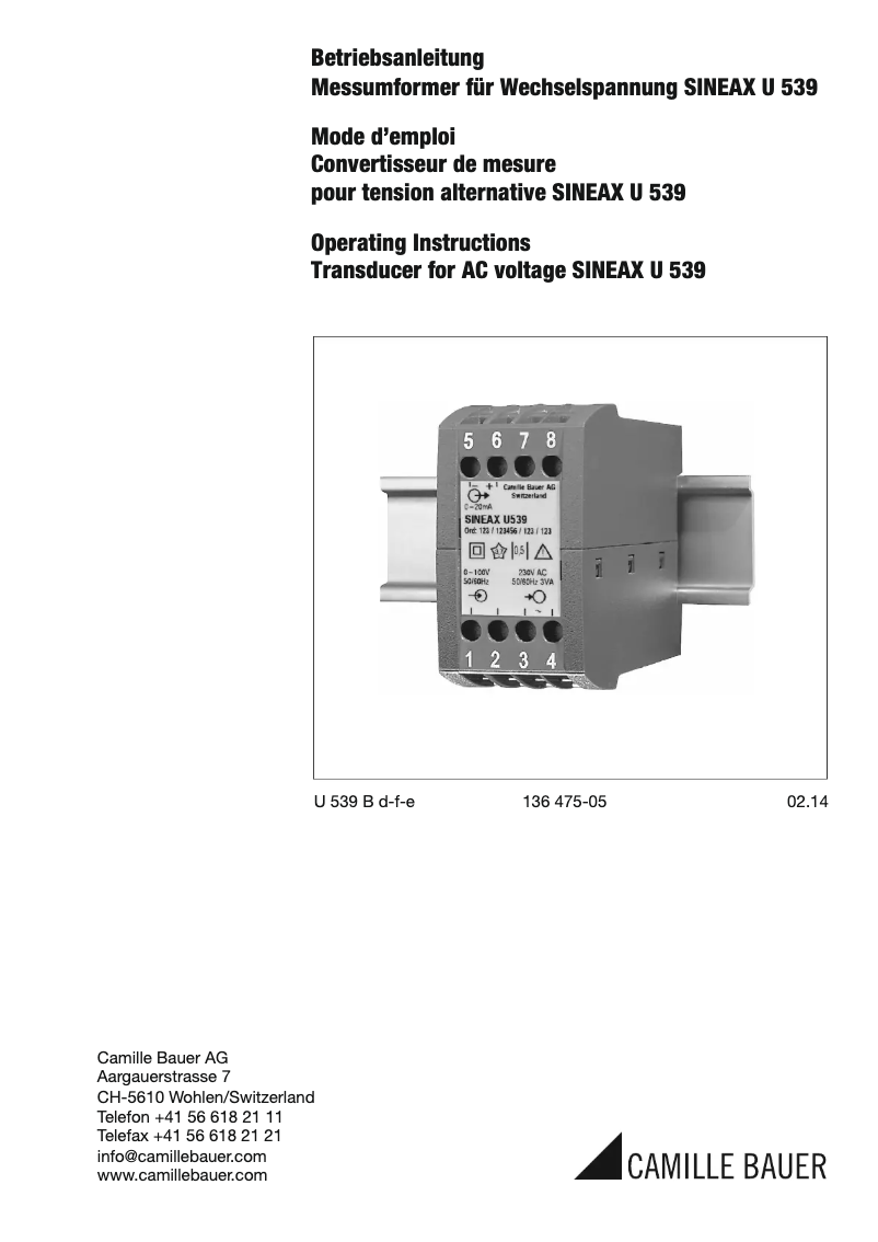 Page 1 de la notice Manuel utilisateur Camille Bauer Sineax U539