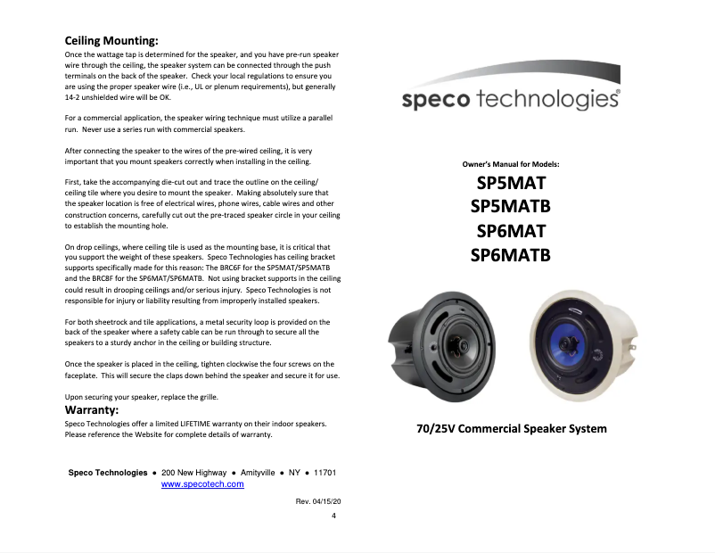 Page 1 de la notice Manuel utilisateur Speco Technologies SP5MAT