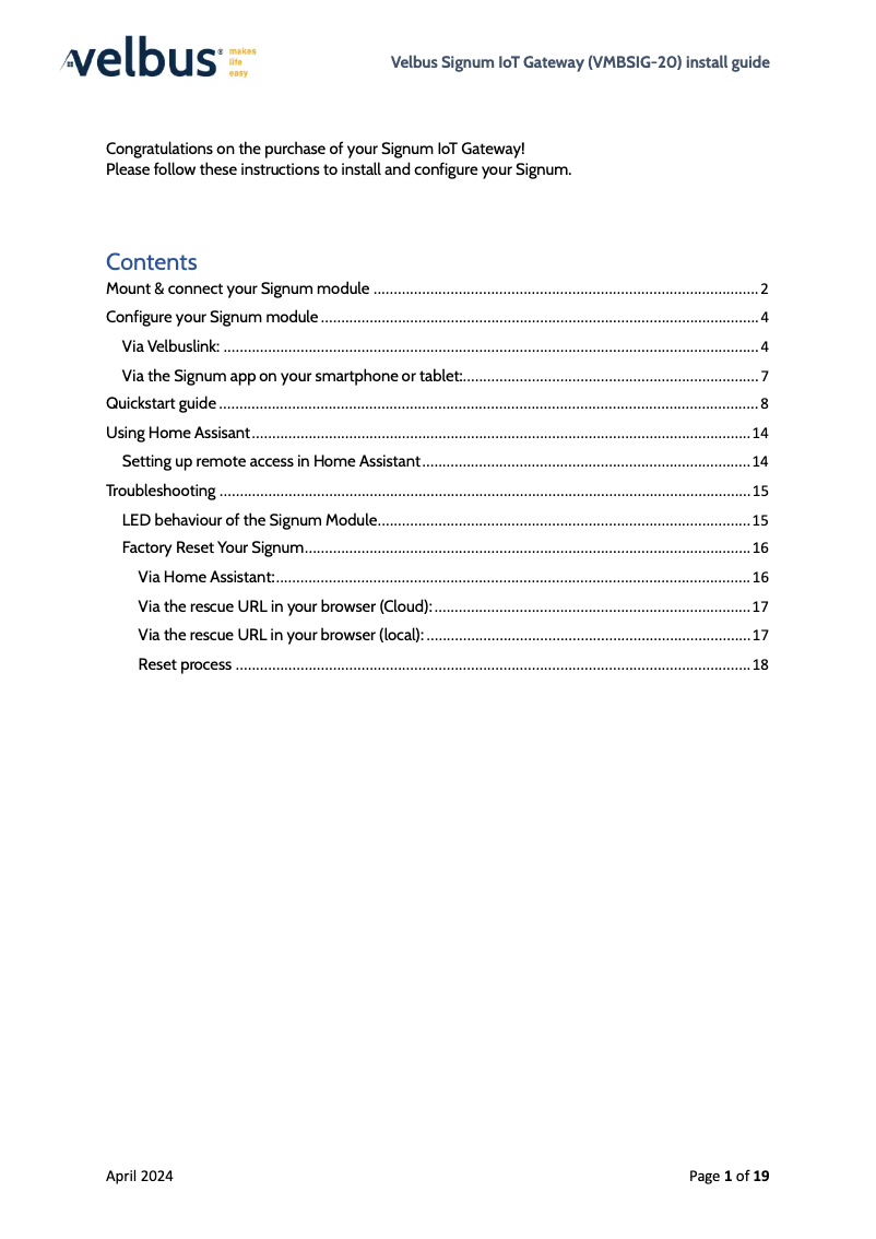 Page 1 de la notice Guide d'installation Velbus VMBSIG-20