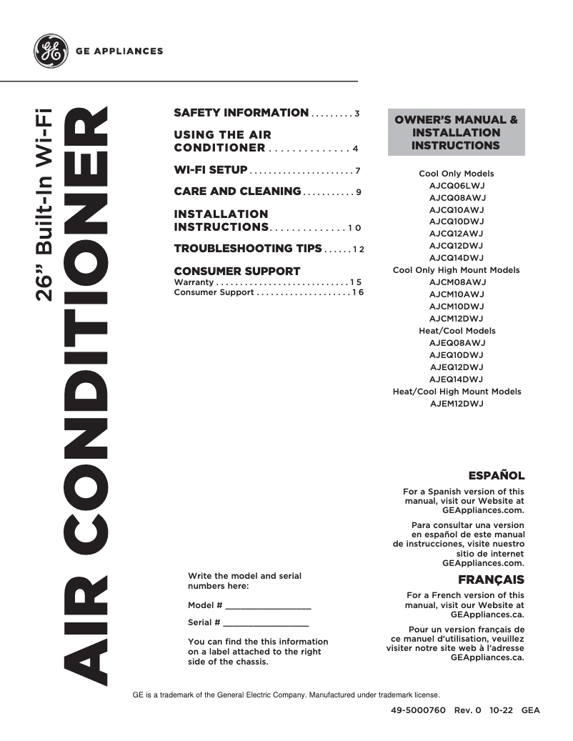 Page 1 de la notice Manuel d'utilisation et d'entretien GE AJCQ12DWJ