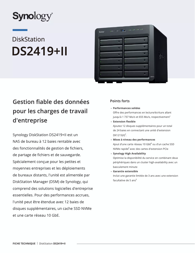Page 1 de la notice Fiche technique Synology DiskStation DS2419+II