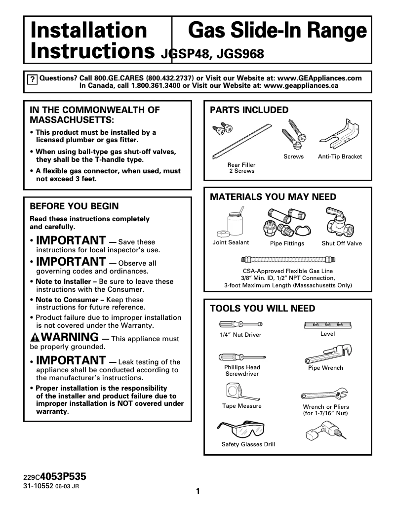 Page 1 de la notice Guide d'installation GE Profile JGSP48CHCC