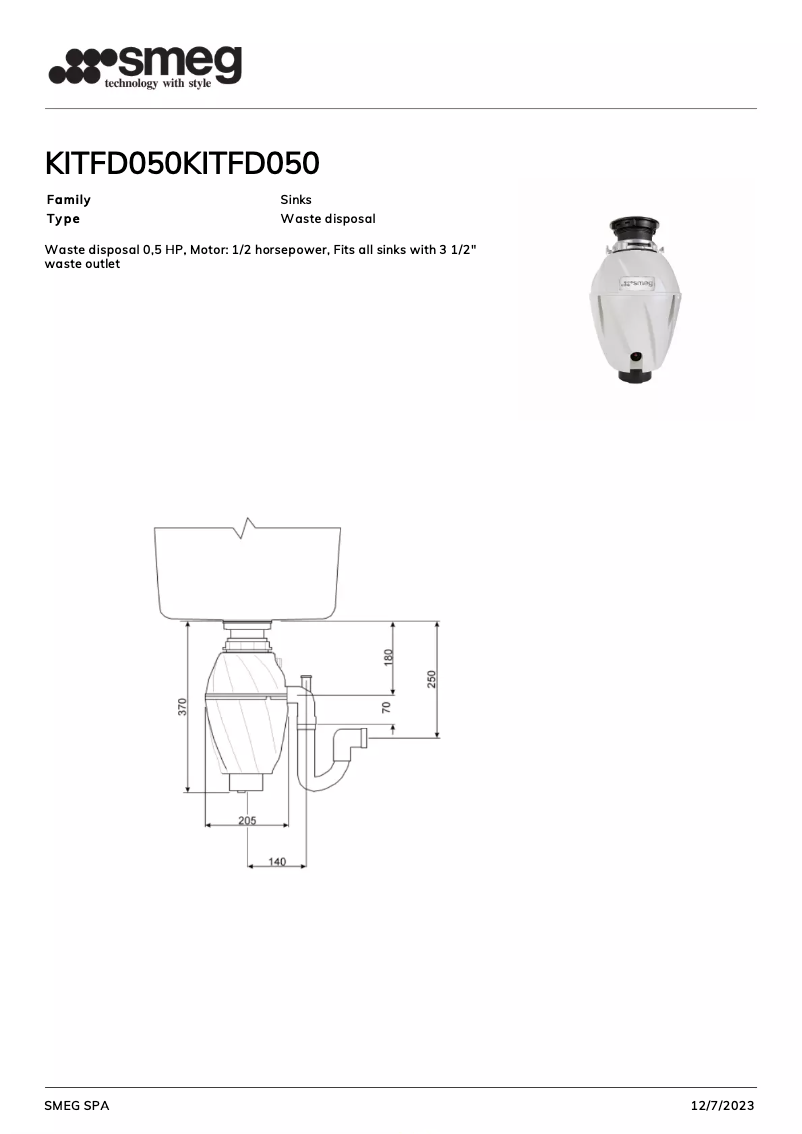 Page 1 de la notice Fiche technique Smeg KITFD050