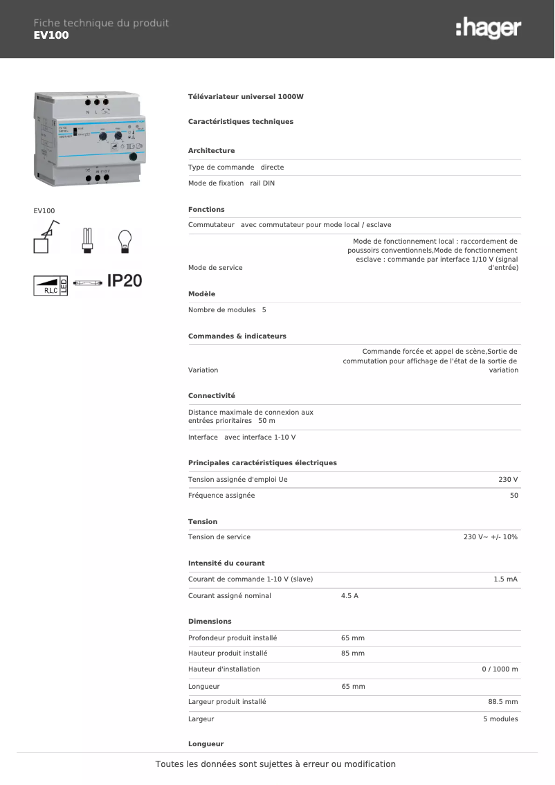 Page 1 de la notice Fiche technique Hager EV100