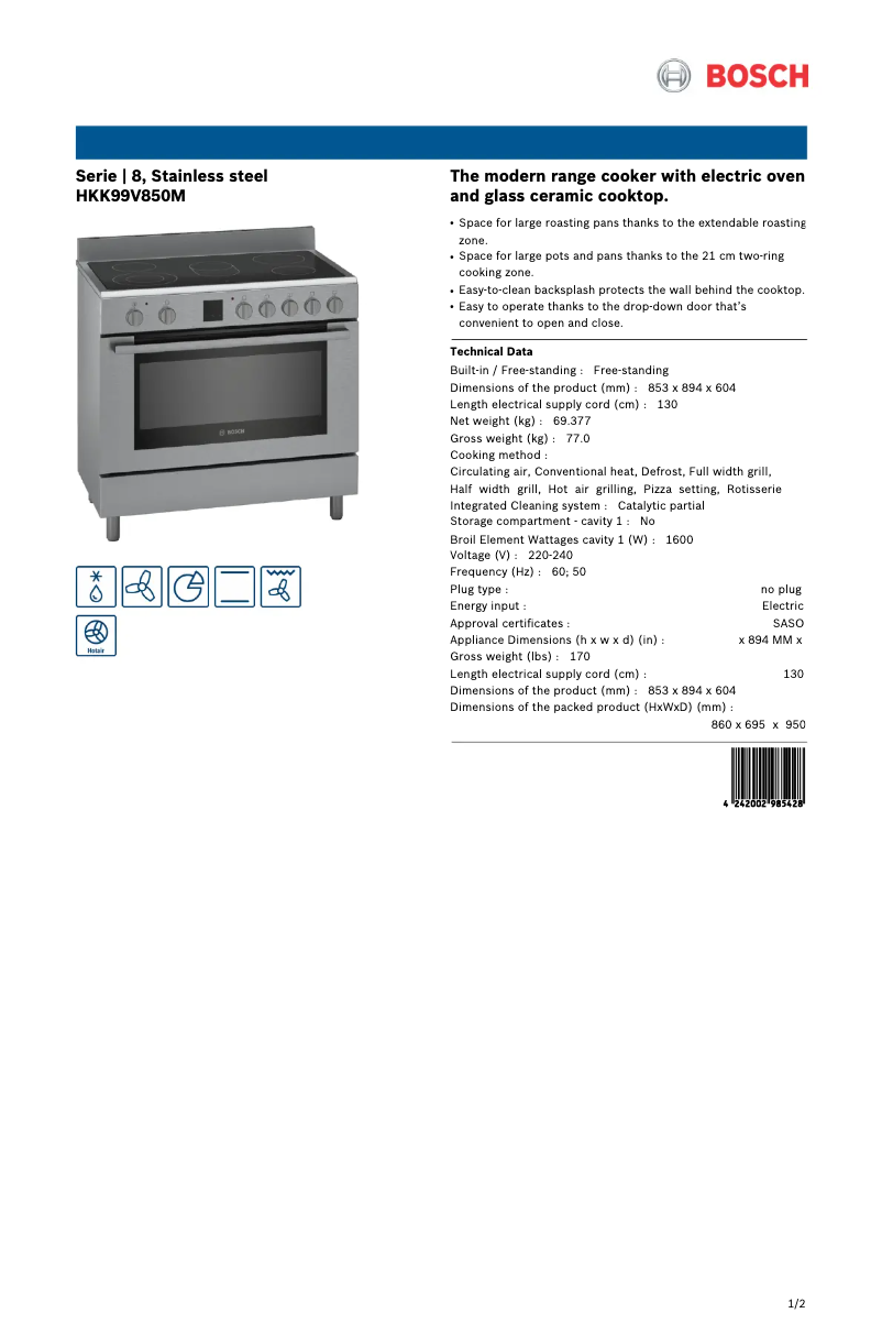 Page 1 of the manual Technical Sheet Bosch HKK99V850M
