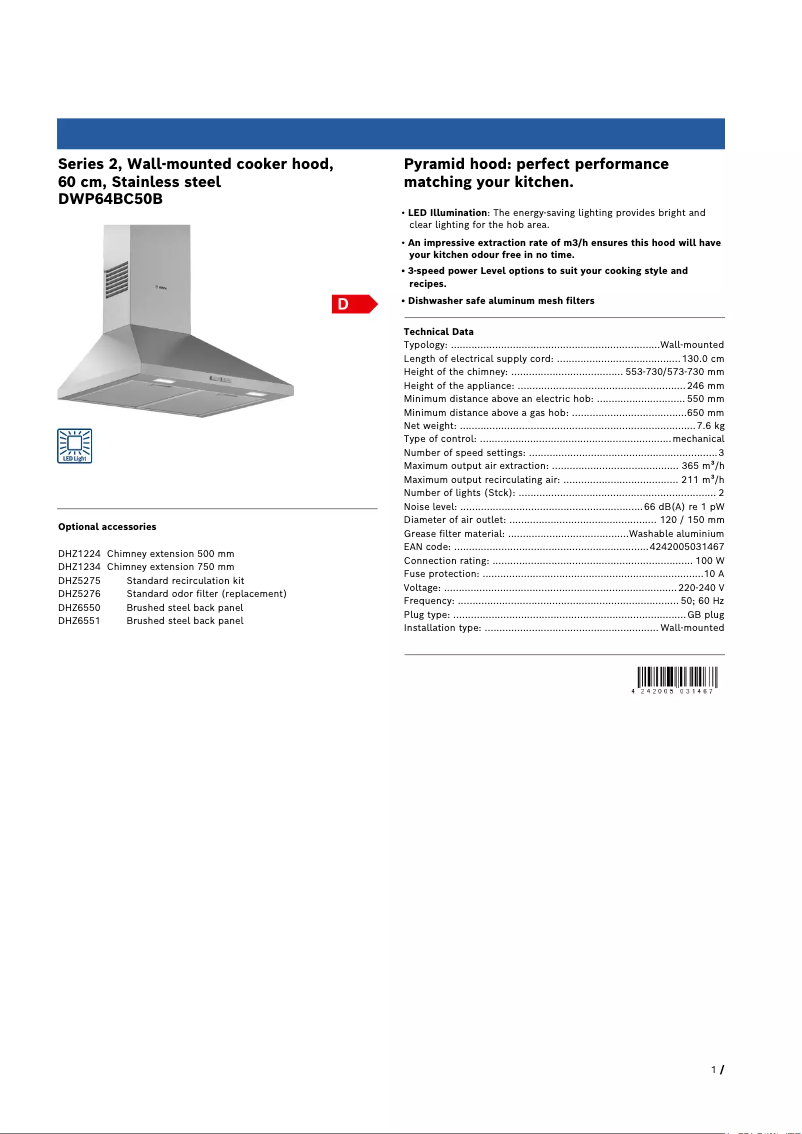 Page 1 de la notice Fiche technique Bosch Serie 2 DWP64BC50B