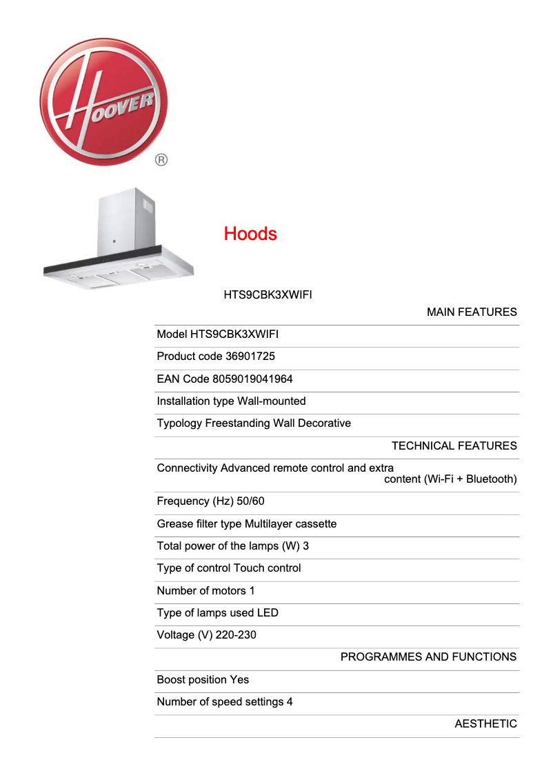 Page 1 de la notice Fiche technique Hoover H-HOOD 300 HTS9CBK3XWIFI