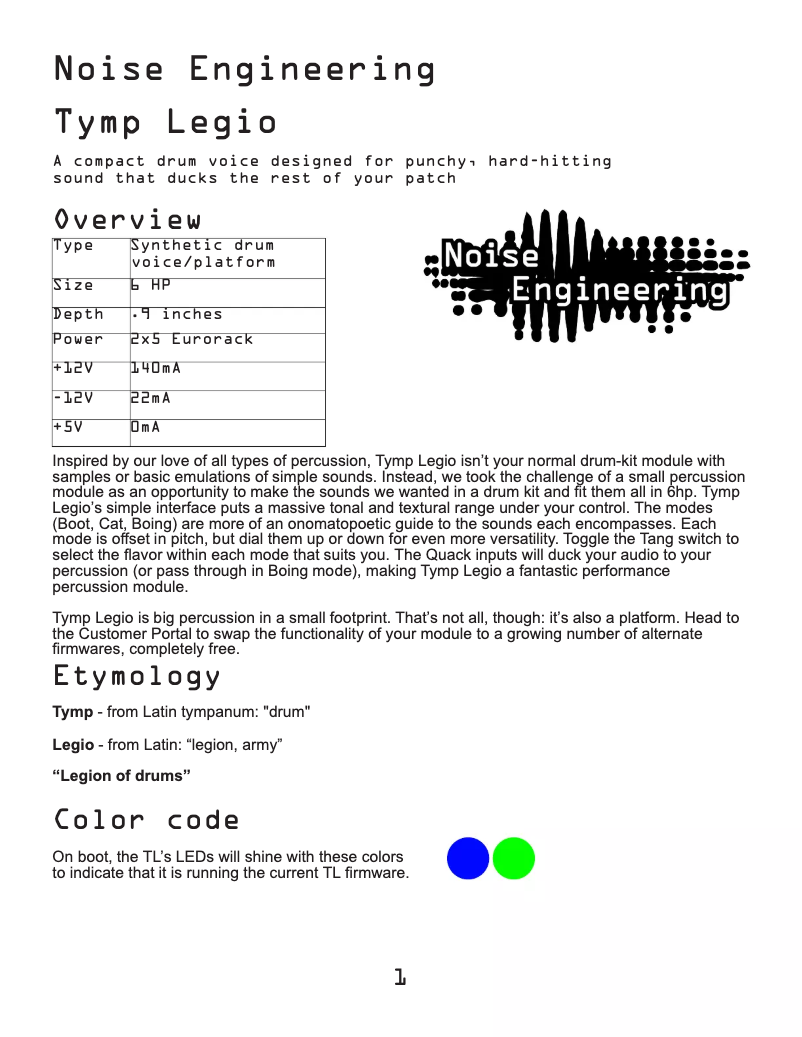 Page 1 of the manual User Manual Noise Engineering Tymp Legio