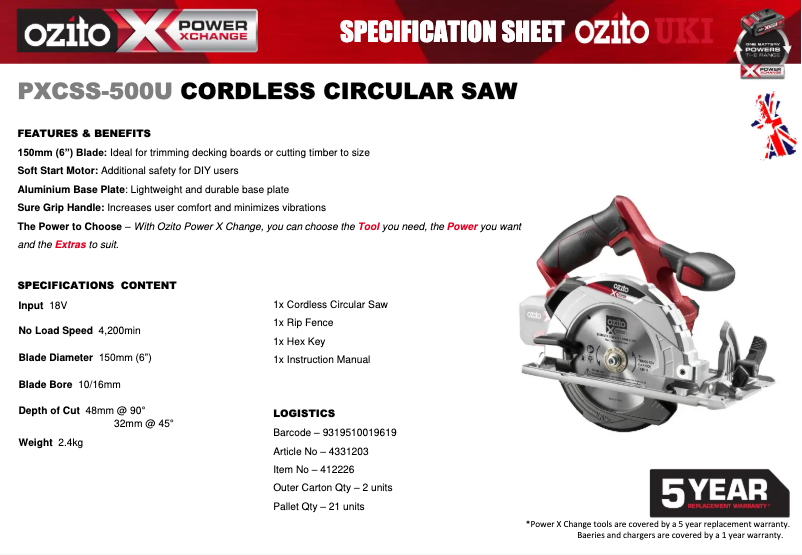 Page 1 de la notice Fiche technique Ozito PXCSS-500U