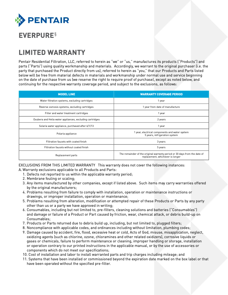 Page 1 of the manual Warranty Information Everpure H-300