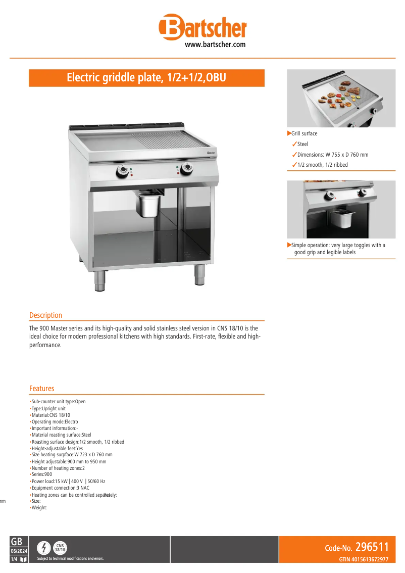 Page 1 de la notice Fiche technique Bartscher 296511