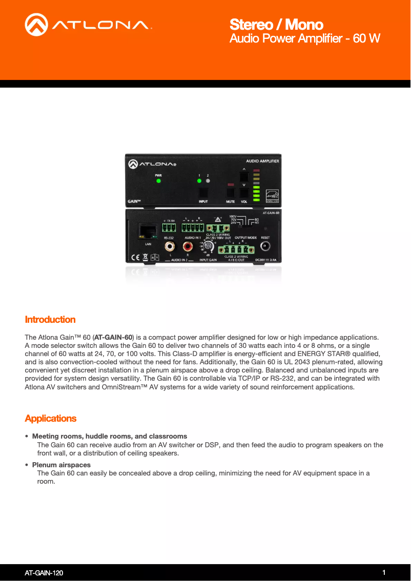 Page 1 of the manual Technical Sheet Atlona AT-GAIN-60