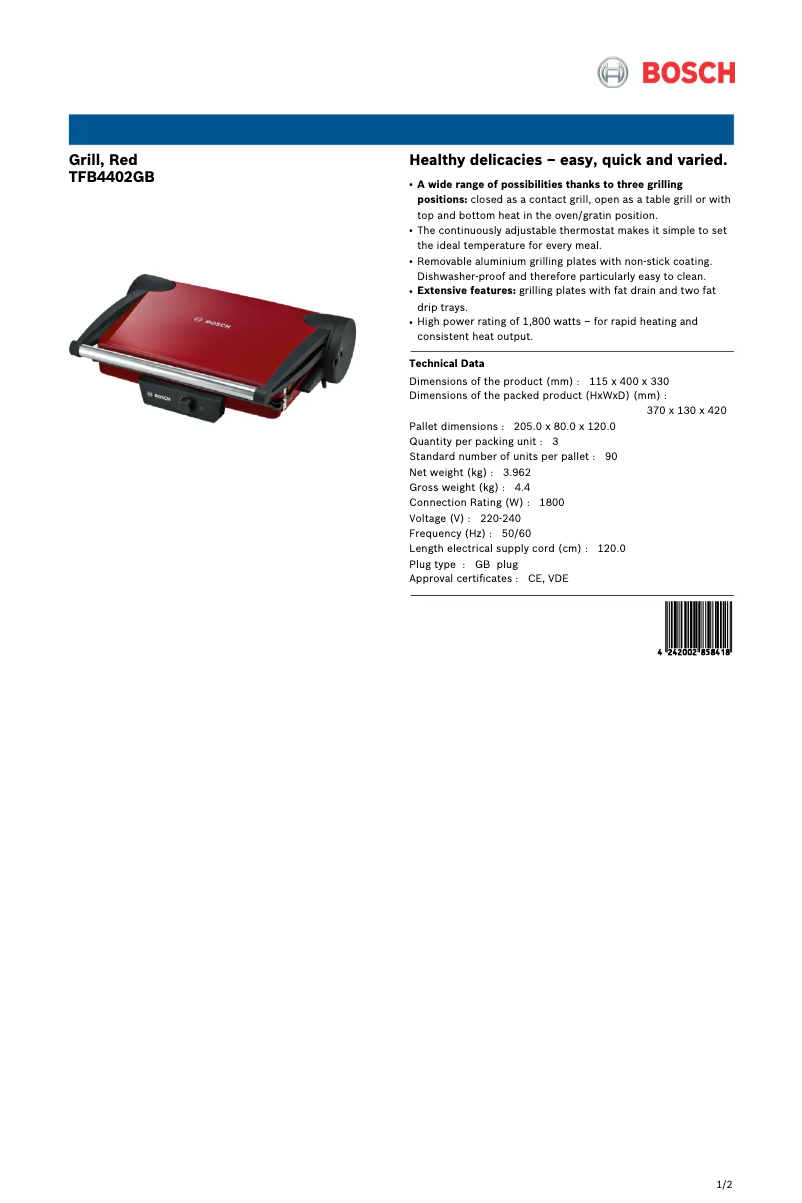 Page 1 of the manual Technical Sheet Bosch TFB4402GB