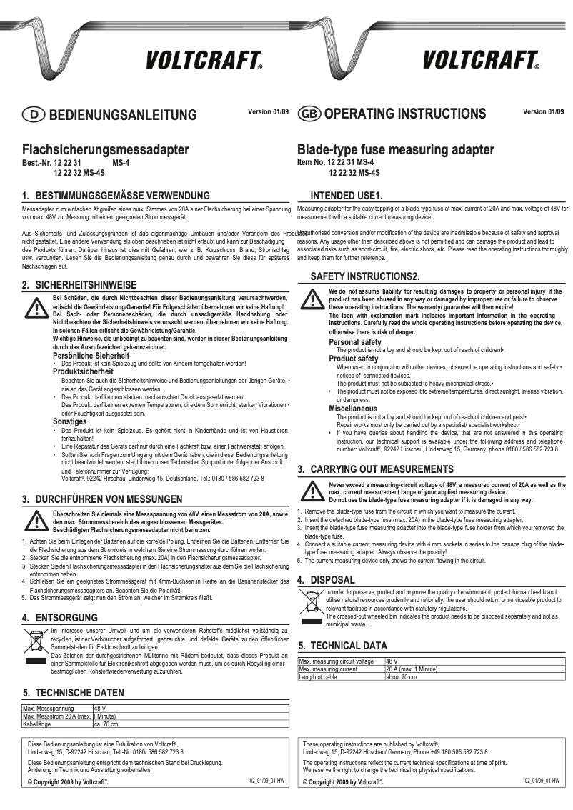 Page 1 de la notice Manuel utilisateur Voltcraft MS-4S