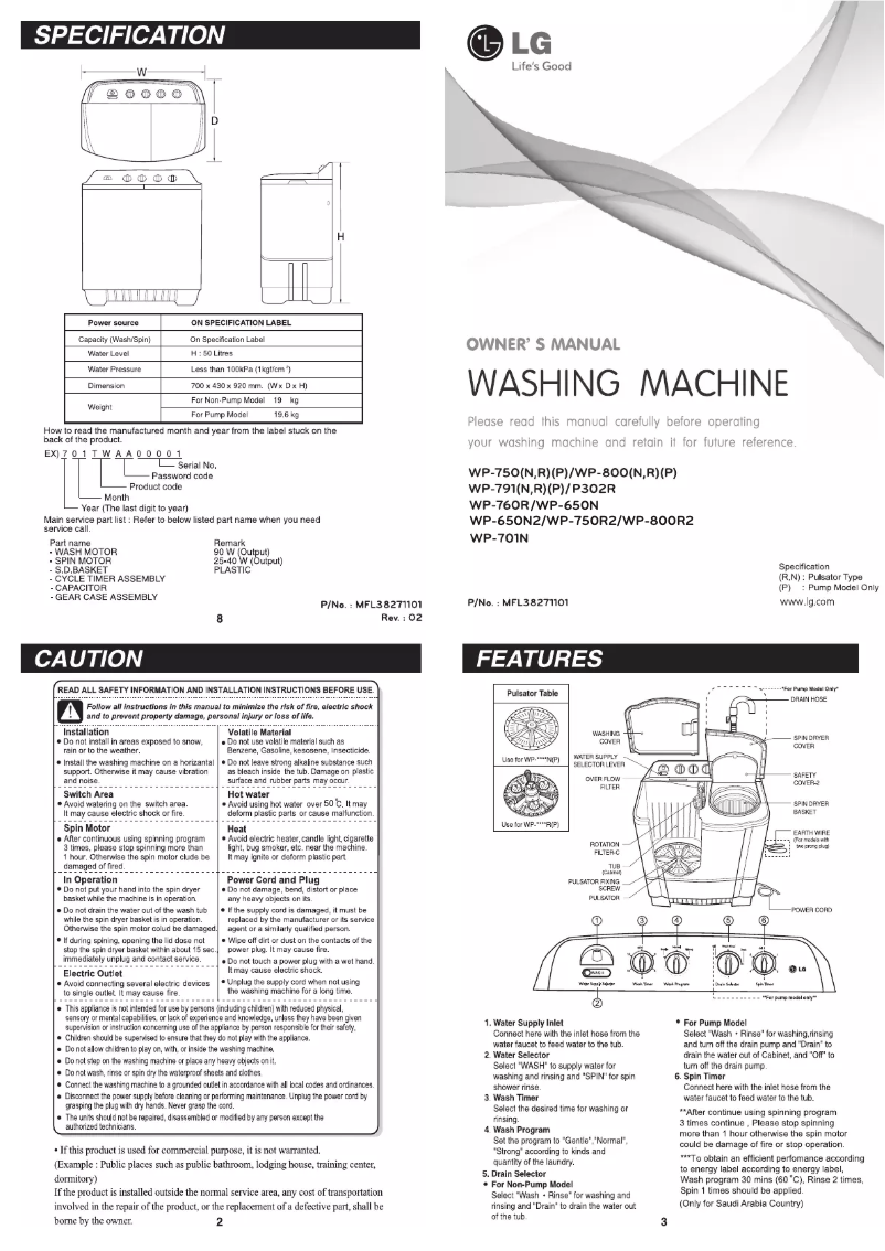 Page 1 de la notice Manuel utilisateur LG WP-701N