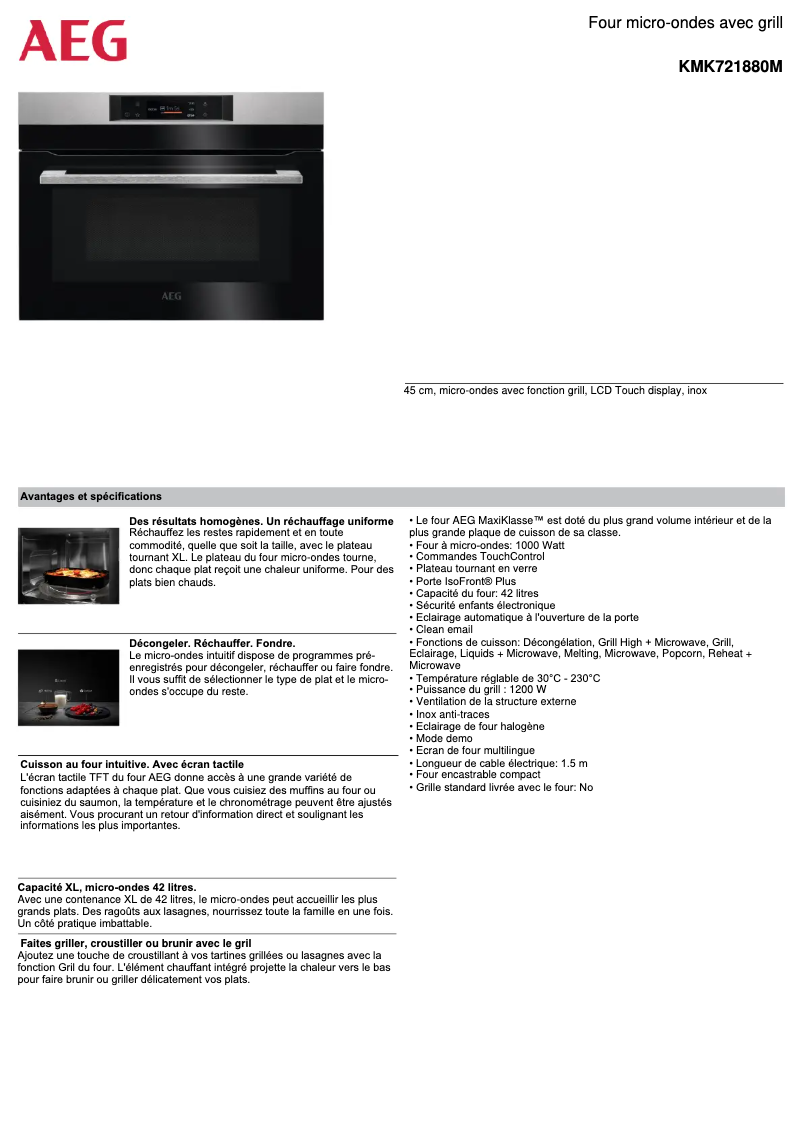 Page 1 de la notice Fiche technique AEG KMK721880M