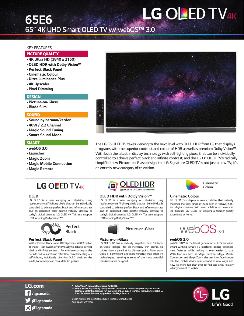 Page 1 de la notice Fiche technique LG OLED65E6P