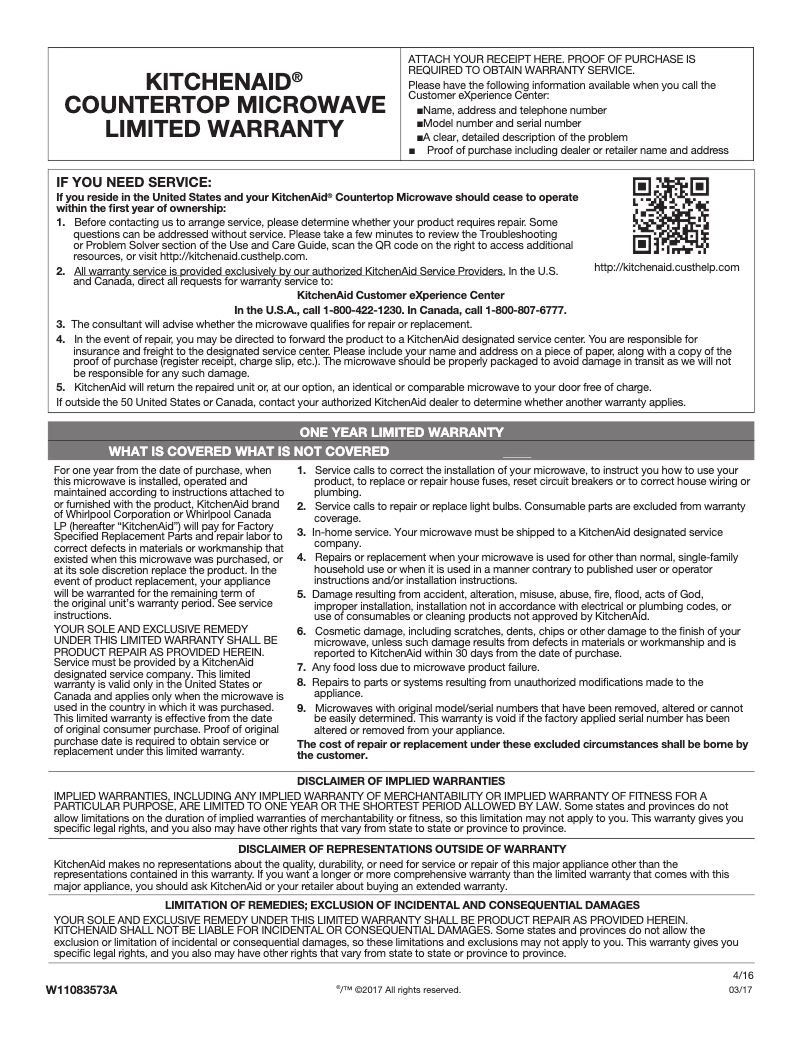 Page 1 de la notice Informations de garantie KitchenAid KMCS1016GBS