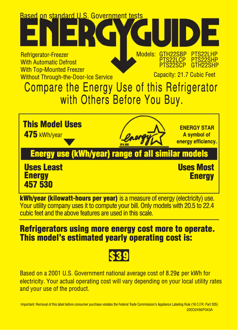 Page 1 de la notice Label énergétique GE Profile PTS22LCPCC