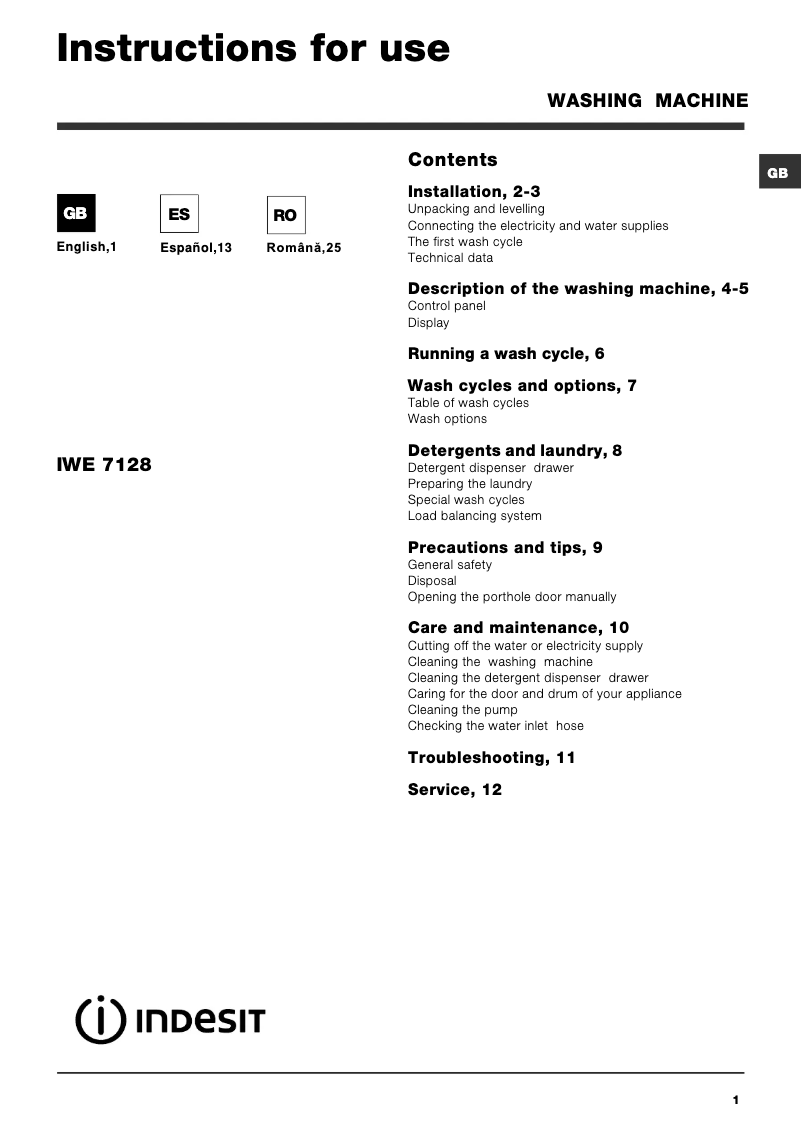 Page 1 de la notice Manuel utilisateur Indesit Maxi IWE 7128 B (EU)
