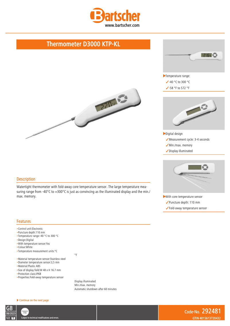 Page 1 de la notice Fiche technique Bartscher D3000 KTP