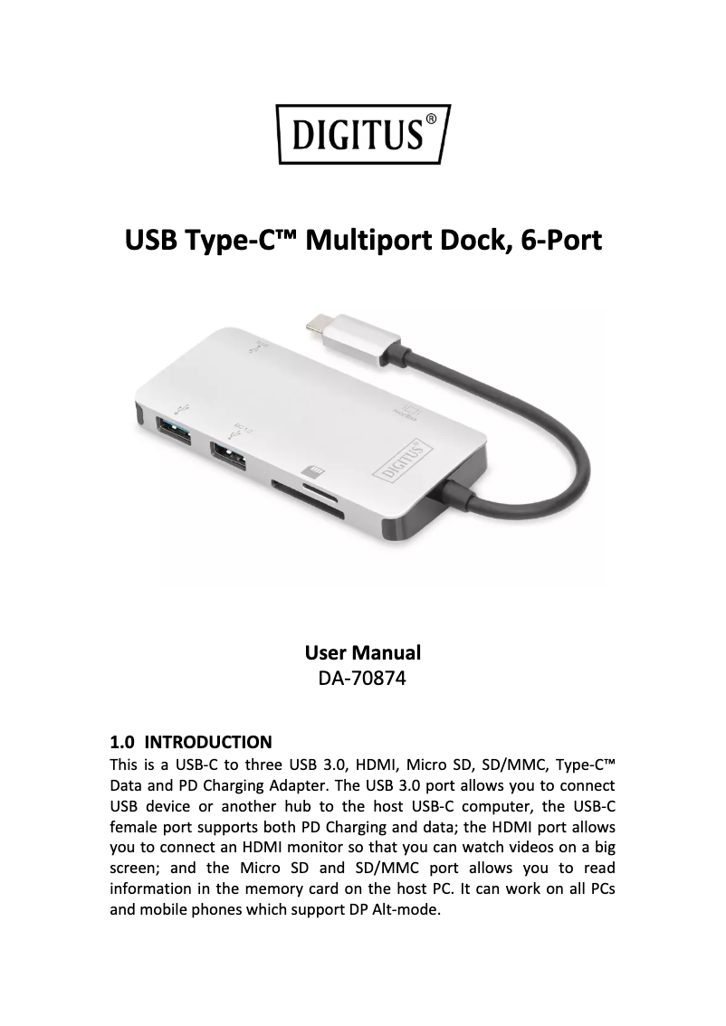 Page 1 of the manual User Manual ASSMANN Electronic DA-70874