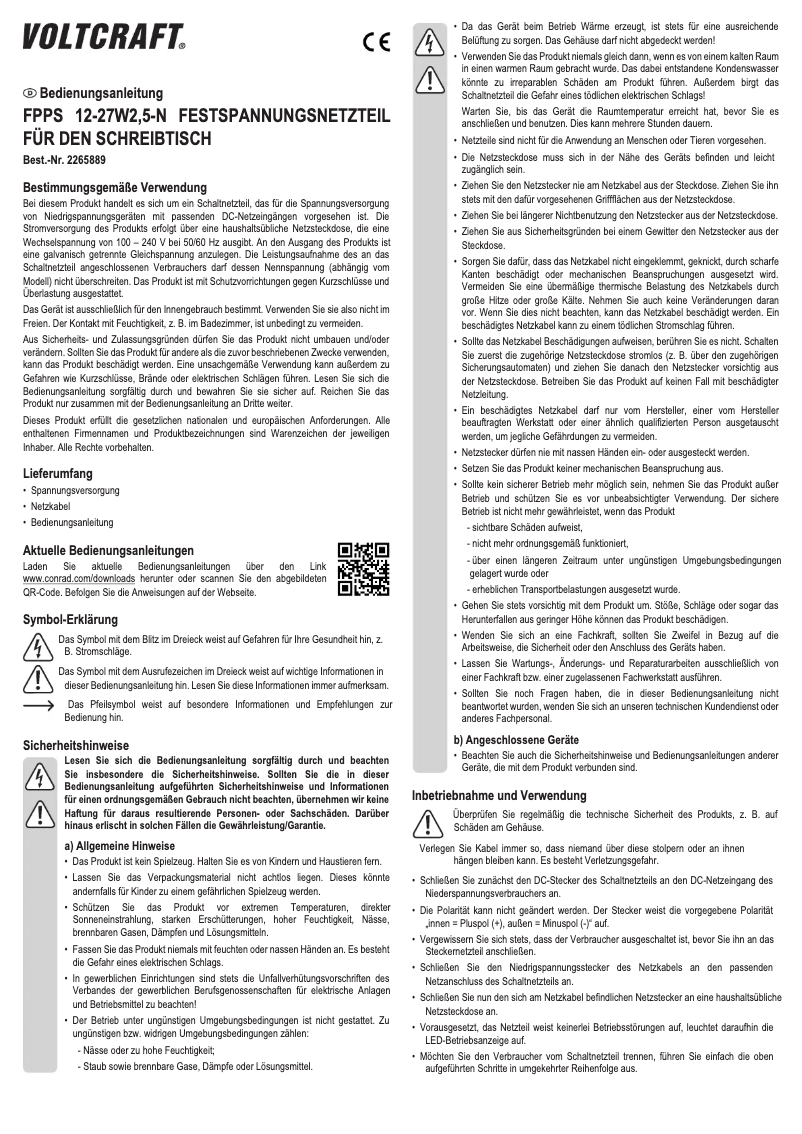 Page 1 de la notice Manuel utilisateur Voltcraft FPPS 12-27W2.5-N