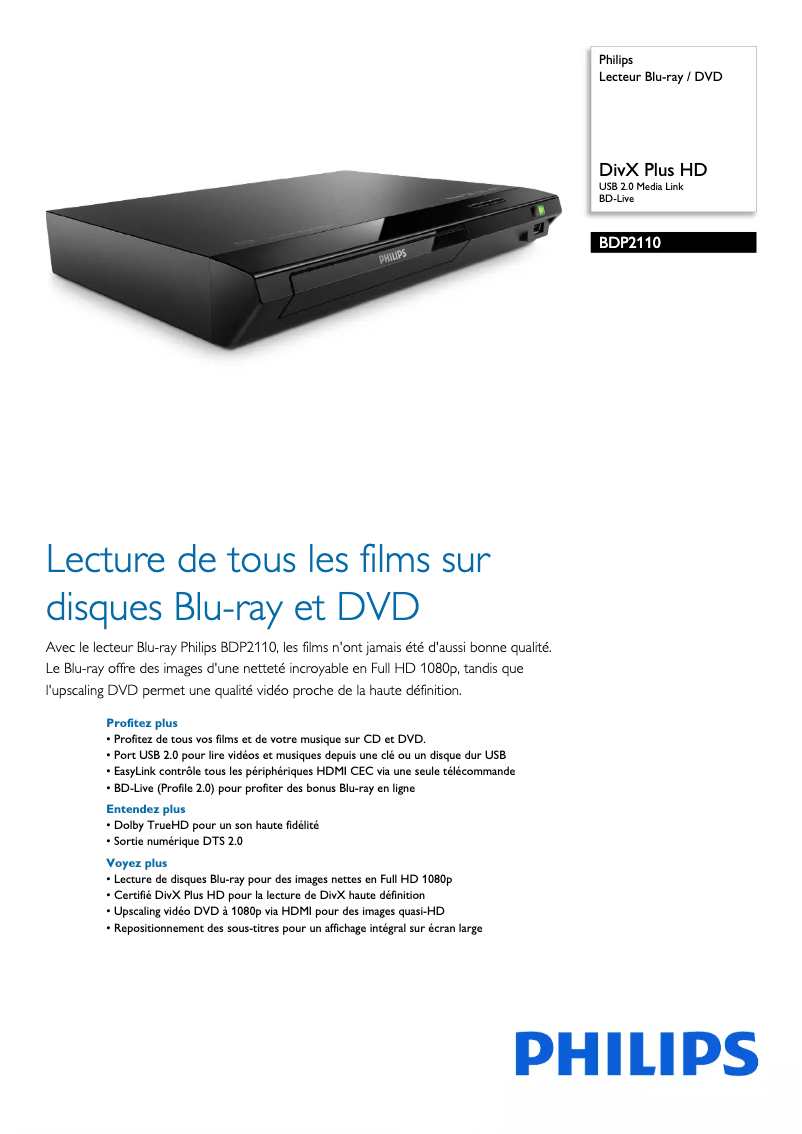 Page 1 de la notice Fiche technique Philips BDP2110