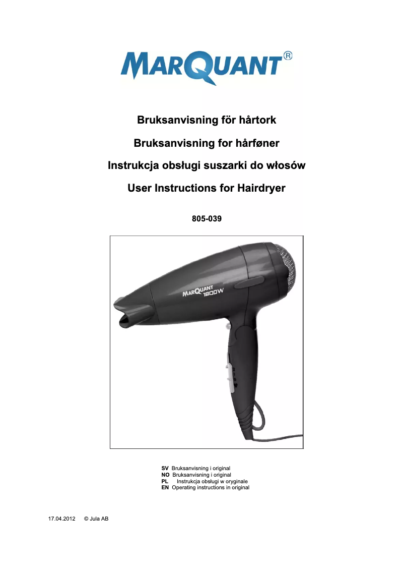 Page 1 de la notice Manuel utilisateur Marquant 805-039