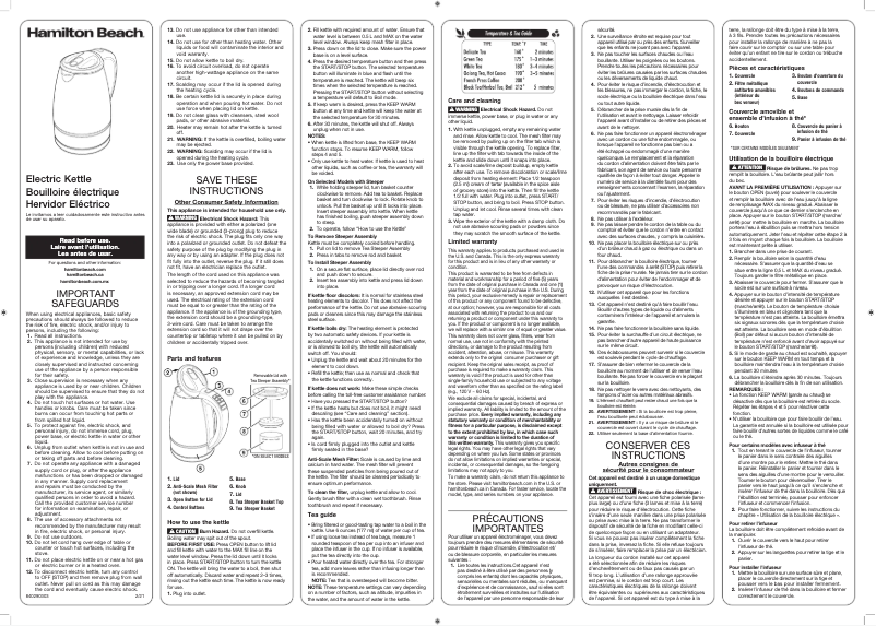 Page 1 de la notice Manuel d'utilisation et d'entretien Hamilton Beach 40942