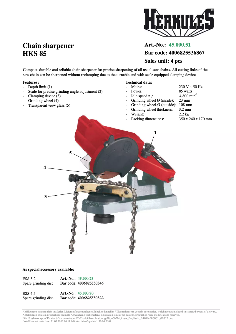 Page 1 de la notice Manuel utilisateur Herkules HKS 85
