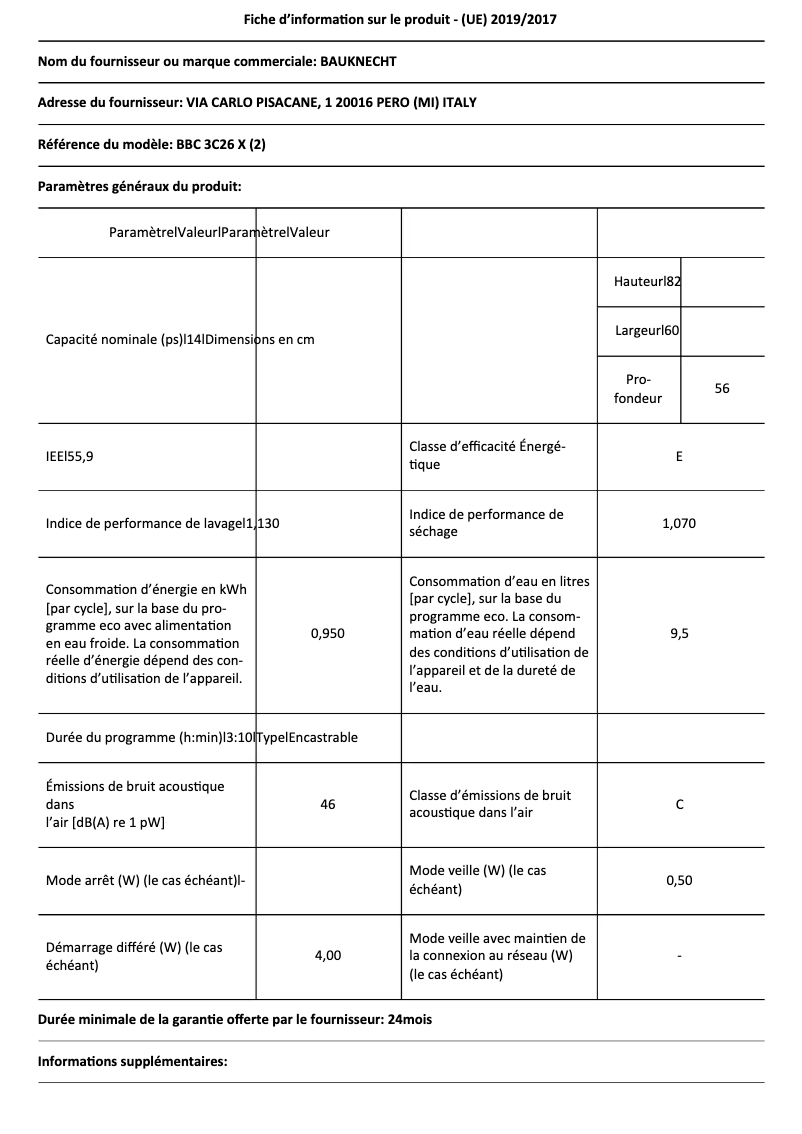 Page 1 de la notice Fiche technique Bauknecht BBC 3C26 X