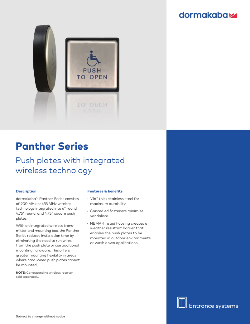 Page 1 de la notice Manuel utilisateur Dormakaba Panther