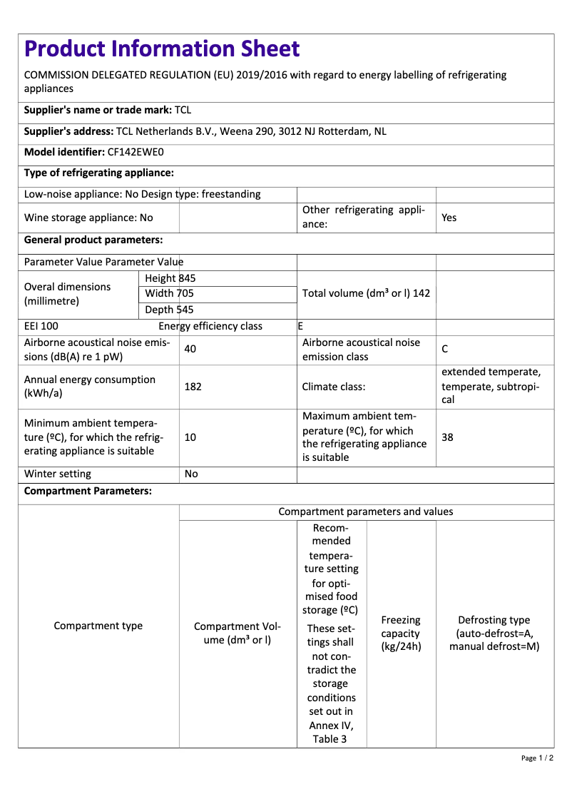 Page 1 de la notice Fiche technique TCL CF142EWE0
