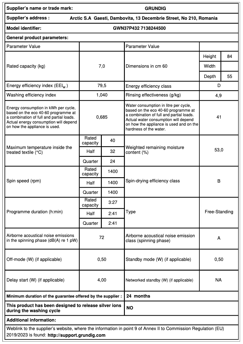 Page 1 de la notice Fiche technique Grundig GWN37P432