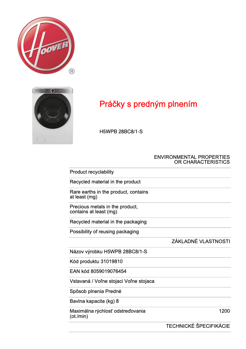 Página 1 del manual Ficha técnica Hoover H5WPB610AMBC8-S