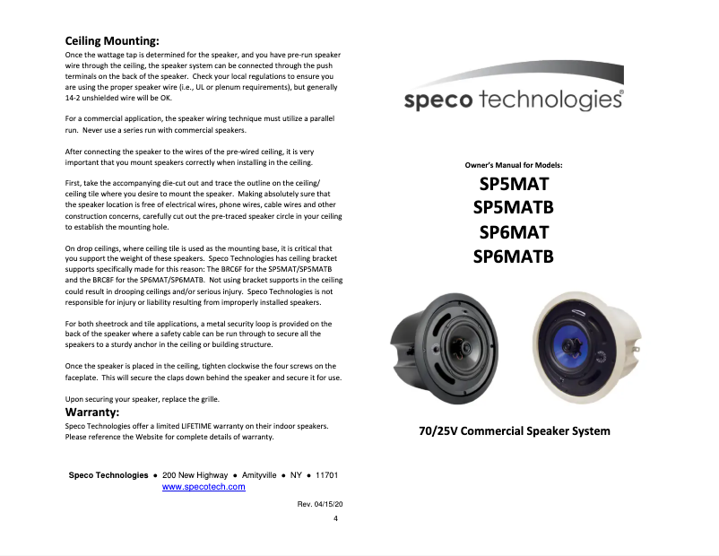 Page 1 de la notice Manuel utilisateur Speco Technologies SP5MATB