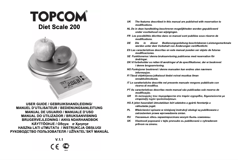 Page 1 de la notice Manuel utilisateur Topcom Diet scale 200