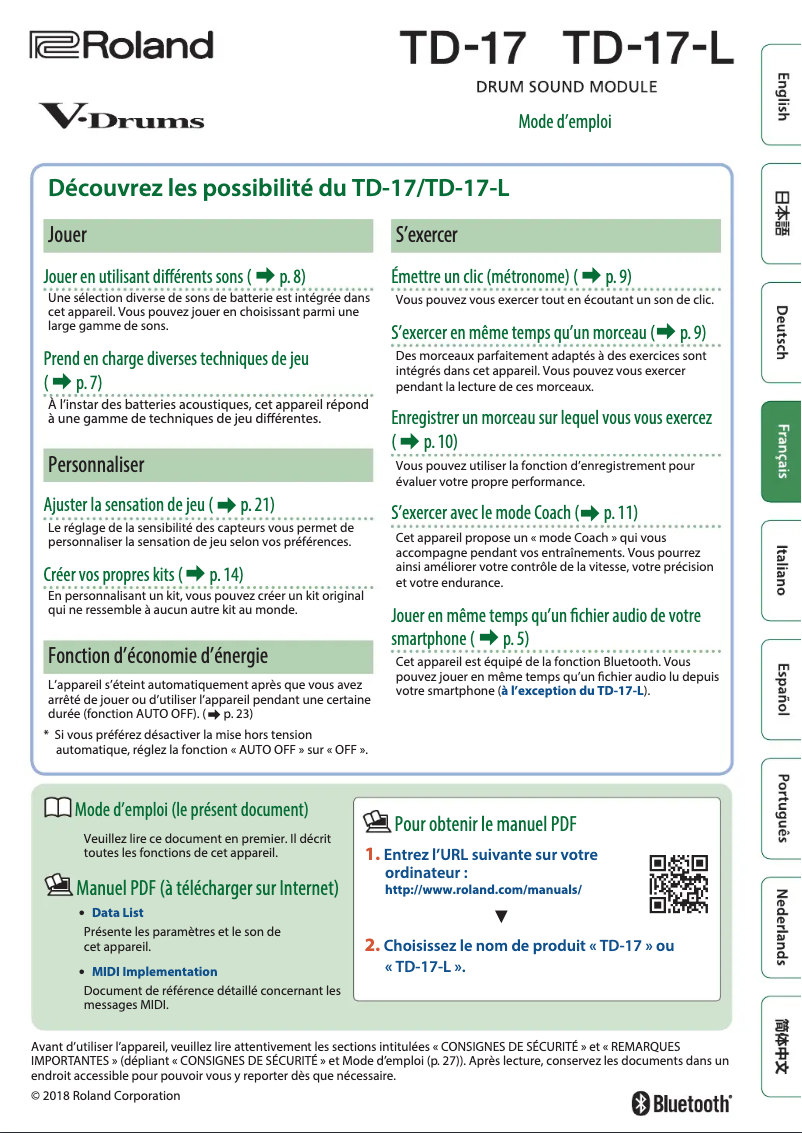 Page 1 de la notice Guide d'installation Roland TD-17KV2