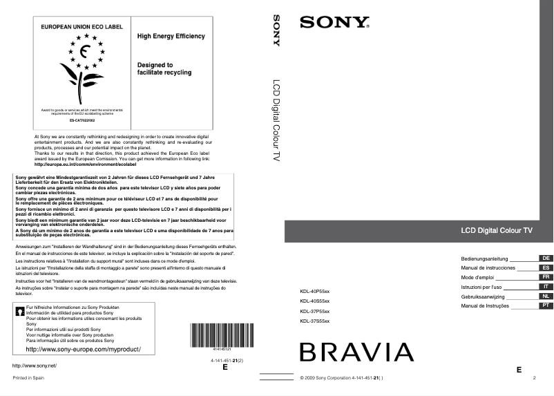 Page 1 de la notice Manuel utilisateur Sony Bravia KDL-37P5500